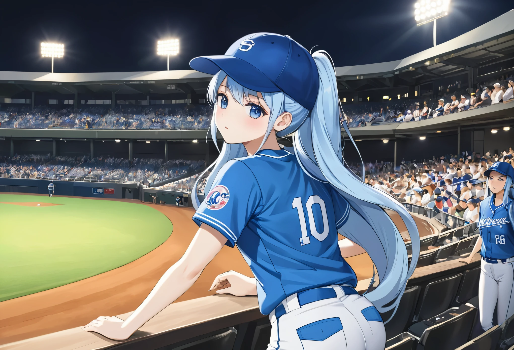 masterpiece, (Textured skin), Highest quality, Light blue long hair、Twin-tailed Girl、pitcher, (Women's Softball Players), Baseball stadium for baseball tournament、A packed stadium、Detailed clothing,Tight waist,, (Beautiful Face), Cinema Lighting, (At the softball venue ),