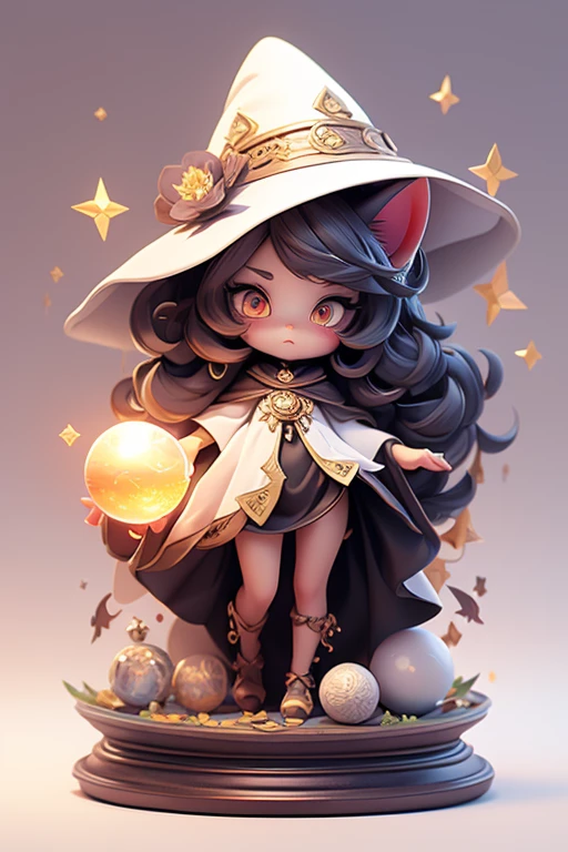 Create a cat image, front view, wearing a witch hat.. A large crystal ball with fortune telling symbols is in the front.. The images are sharp and detailed, with beautiful colors.. Has arms, legs, eyes, mouth, white background.