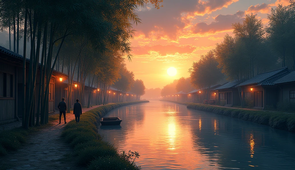 It was evening time, the sun was slowly setting in the sky. A slight coolness was spreading in the narrow streets of the village situated on the river bank. The villagers were returning to their homes and standing alone near the bamboo trees on the river bank.