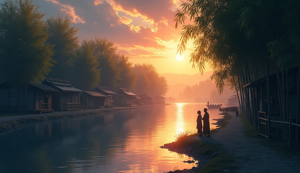 It was evening time, the sun was slowly setting in the sky. A slight coolness was spreading in the narrow streets of the village situated on the river bank. The villagers were returning to their homes and standing alone near the bamboo trees on the river bank.