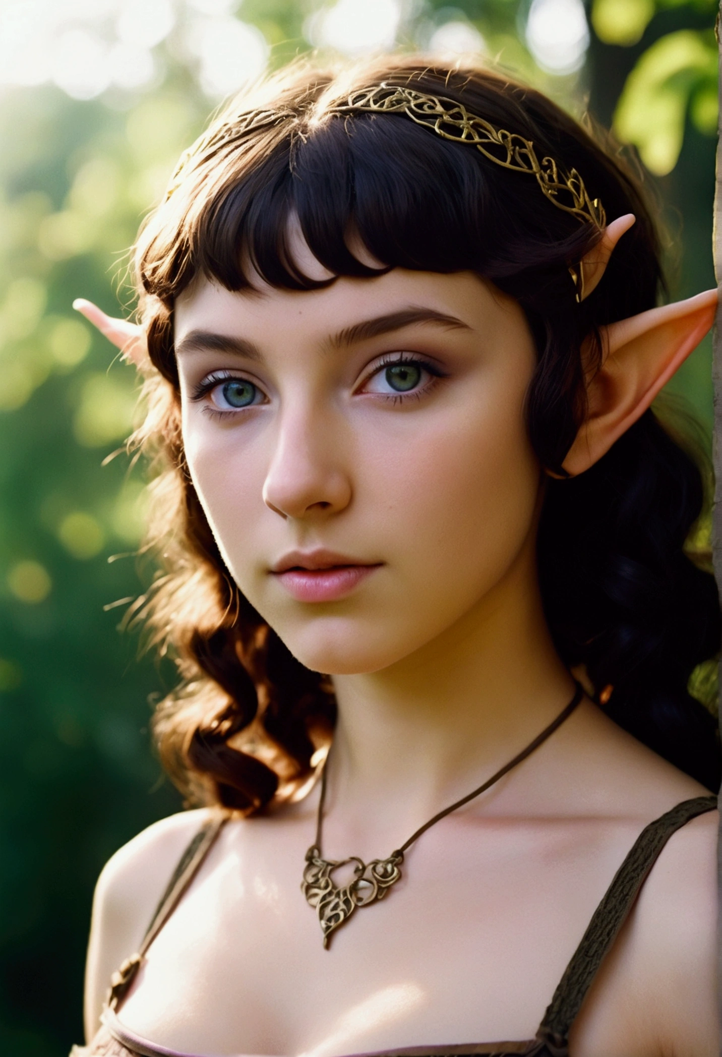 analog film photo, photo of a young elven girl, 18 years old, elf ears, violet eyes, curly brunette pixie cut, sun-tanned complexion, olive skintone, Amazonian stature, voluptuous hourglass figure, busty bosom, narrow waist, full hips, big plump buttocks, wearing elven undergarments, strolling through a sunny fantasy landscape, RAW Photograph, dslr, soft lighting, high quality, film grain, Fujifilm XT3, detailed skin with visible pores, insane details, masterpiece, 8k, 35mm photograph, dslr, kodachrome, faded film, desaturated, grainy, vintage, Lomography, stained, highly detailed, found footage, close-up shot, elven ears