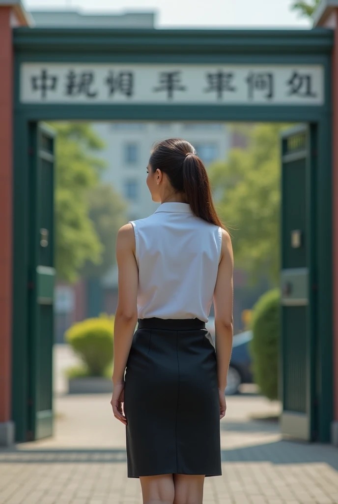 masterpiece,Highest quality,(Ultra high definition,8K Photo Wallpaper),(Highest quality),Physical Rendering,A female teacher standing in front of the high school gate.,Sleeveless shirt and black pencil skirt,Backwards,