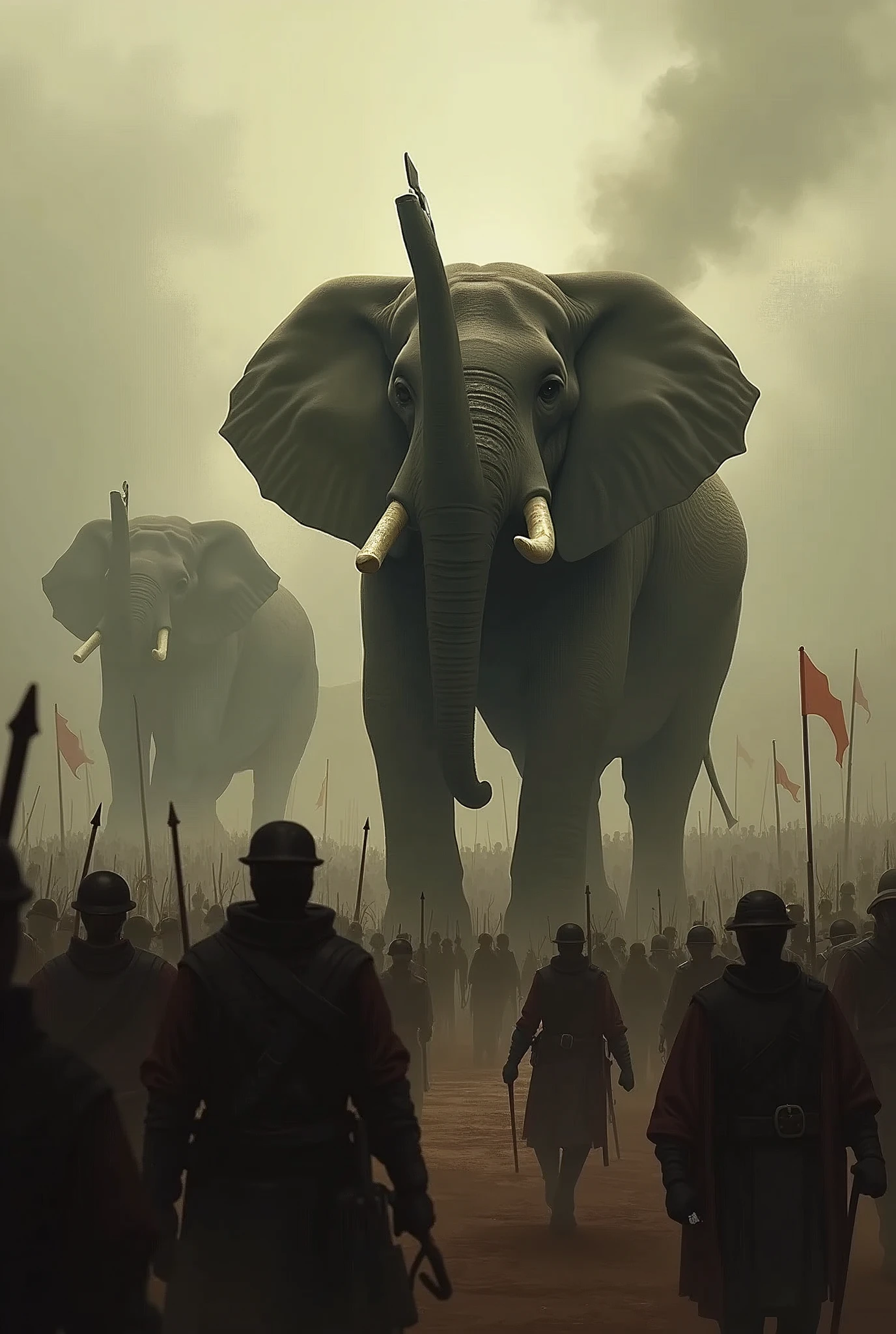 Abraha's Army: Abraha ke lashkar ki tasveerain, jahan par aap haathi (elephants) aur unke lashkar ka qasdi tor par depiction dikhayein. Ye tasveerain thoda blurred aur shadowy ho sakti hain taake asli feel aaye.