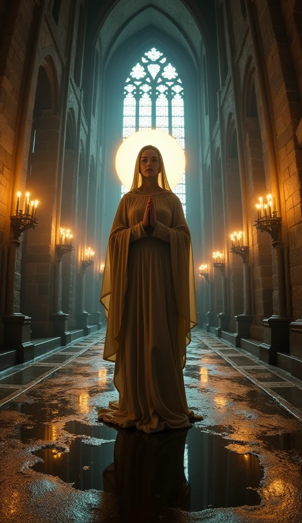 Fisheye Lens, A beautiful portrait of the Virgin Mary standing inside a Gothic church., Halo, Wet Stone, puddle, Dramatic Light, Modest, Candlelight
