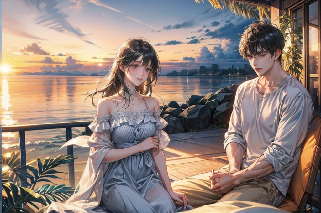 vacation、beach、men and women、Two people、Couple、Casual attire、muscle、Sunset、balcony、Cottage、Romantic