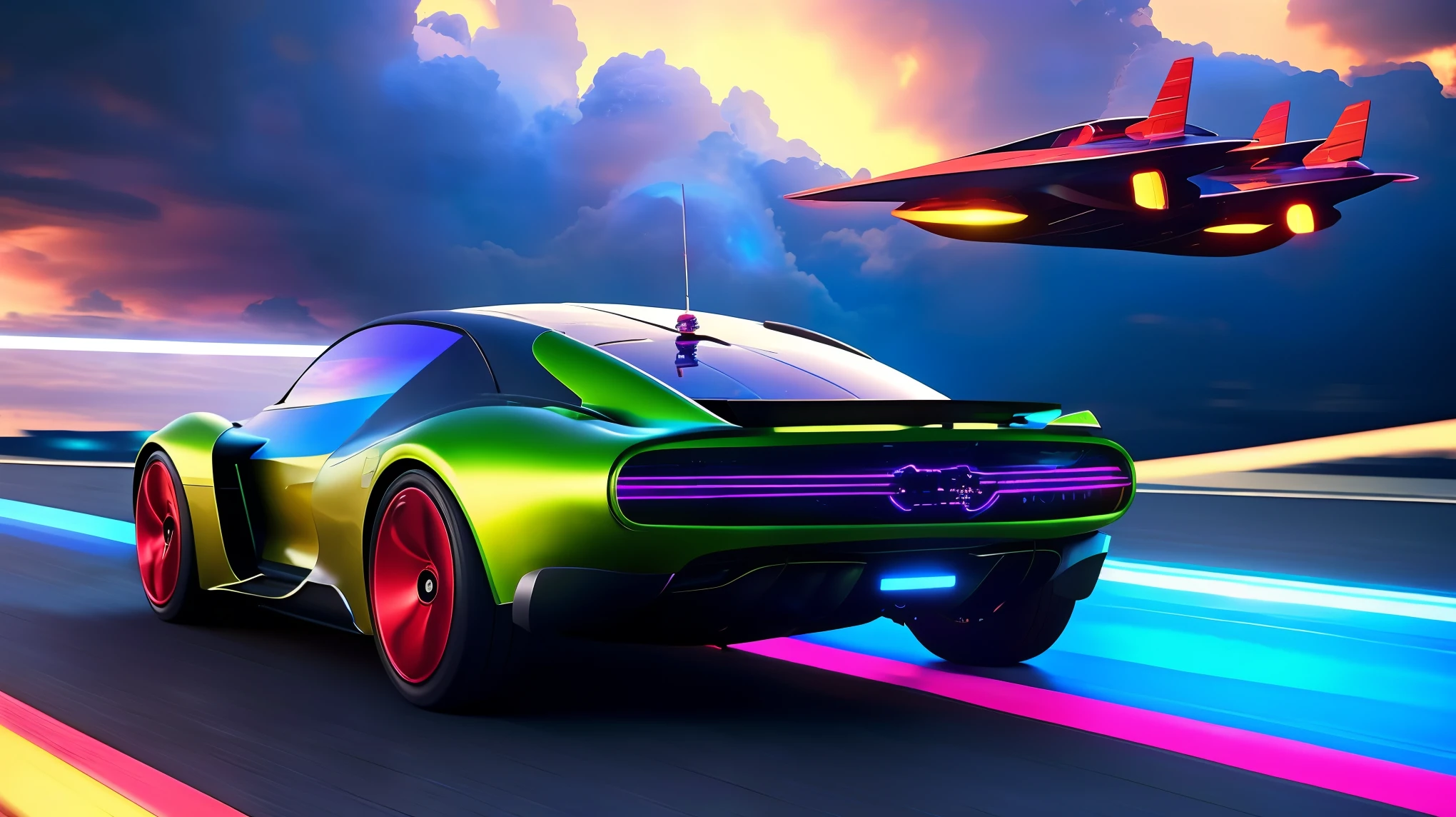 1 flying car, futuristic car, car photography, detailed car, dramatic lighting, cinematic lighting, dynamic angle, high quality, 8k, photorealistic, hyper detailed, intricate details, metallic finish, glass and chrome, smooth reflections, glowing neon accents, advanced technology, sci-fi, concept art, dramatic clouds, vibrant colors, cinematic composition, volumetric lighting, depth of field