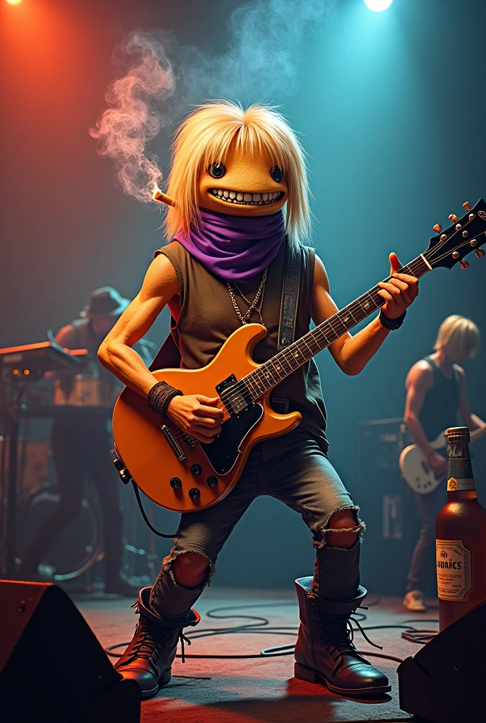 A blonde cigarette with a mouth, look like, legs and arms, performing in a rock show playing guitar, wearing a purple bandana while smoking a cigarette and drinking a bottle of whiskey.