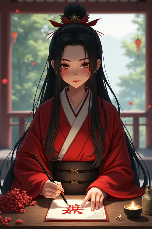Japanese female shrine maiden who writes amulets, vermilion brush, long hair, fortune teller smileface look at me