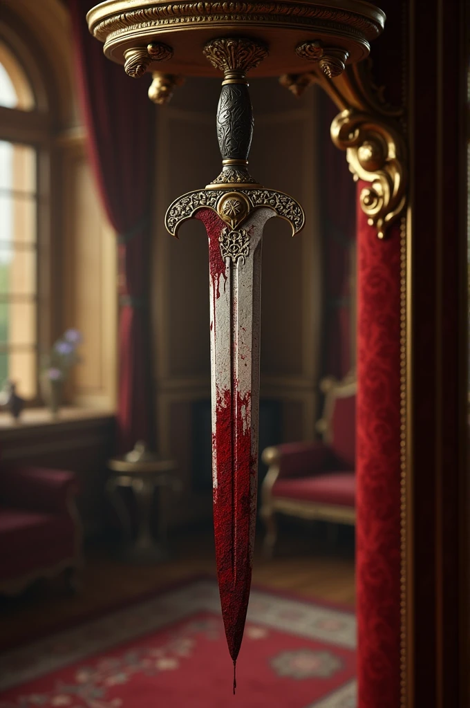 Antique blood-filled dagger hanging on a shelf in a very expensive and fine living room