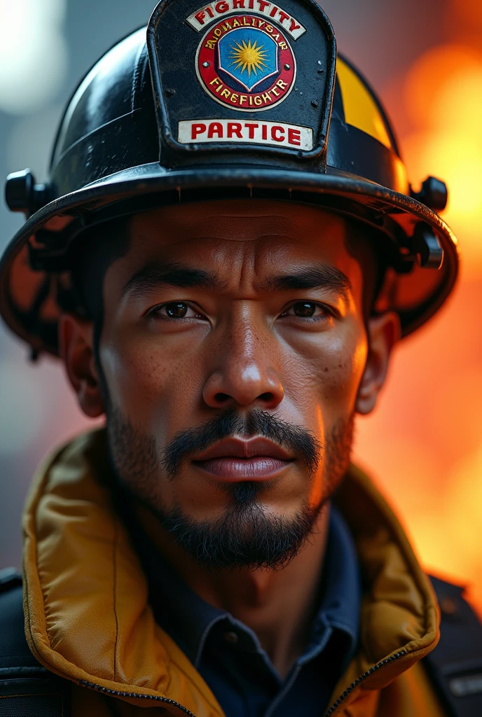 a firefighter in malaysia uniform, detailed portrait of a man, hyper realistic, high quality, photorealistic, 8k, detailed facial features, piercing eyes, defined jawline, professional lighting, cinematic, dramatic shadows, vibrant colors, warm tones, intricate details, extremely detailed