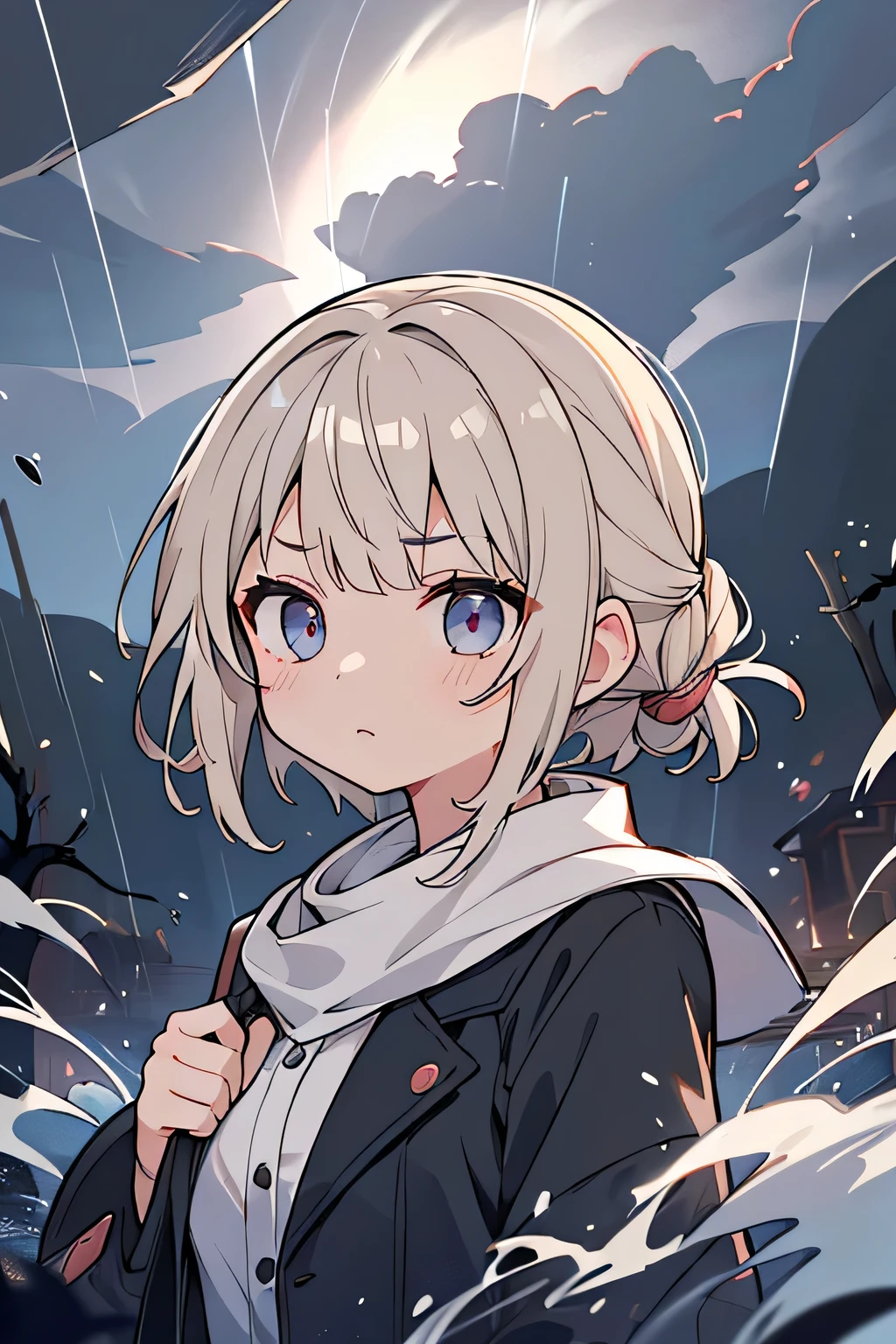 Highest quality、High resolution、Detailed Background、(Beautiful face in every detail:1.4)、Teenage beauty、Anatomically correct、(Normal number of fingers:1.2)、Detailed eyes、Highly detailed face、Perfect body line、Light color hair、Bobcut、ponytail、cute hairstyle、well-groomed eyebrows、Cute gestures、Natural beauty、typhoon、heavy rain、Very strong winds、

(Typhoon day、storm.:1.5)、

Black clouds cover the darkening sky、A strong wind is blowing、wood々The branches are shaking violently、
A girl desperately trying to move forward、Wearing a light jacket and holding her hair down, she is walking with all her might.、She occasionally looks back with a worried expression.、
The girl&#39;s legs are about to get tangled up as the strong wind blows them.、The road is littered with fallen signs and leaves, creating a dangerous situation.、
The girl seems to be desperately walking through it, searching for something.、A girl desperately tries to move forward in the dark and raging nature.、The girl&#39;s efforts and the raging typhoon、cute