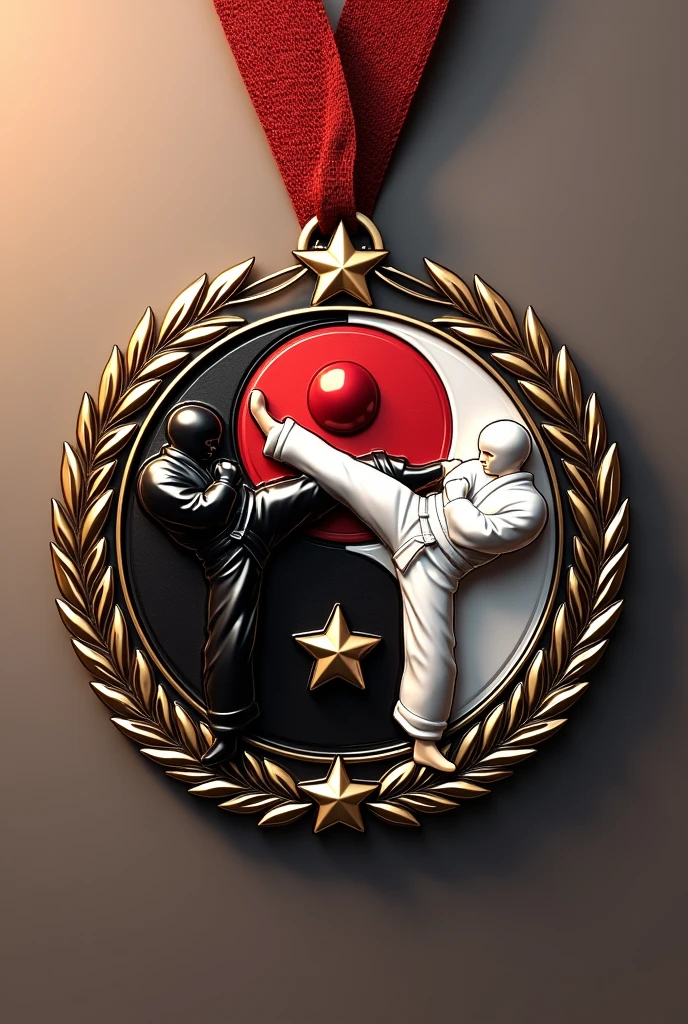 A round medal for a martial arts tournament where one side of the medal has three stars at the top and three stars at the bottom, two laurels on the sides and in the center a yin yang with two martial arts fighters kicking each other in the head at the same time alluding to the black and white point of the yin yang, a white fighter and the other black who go to the opposite of the color of the yin and yang: A black fighter inside the white and a white fighter inside the black. Investing in the fighters.
