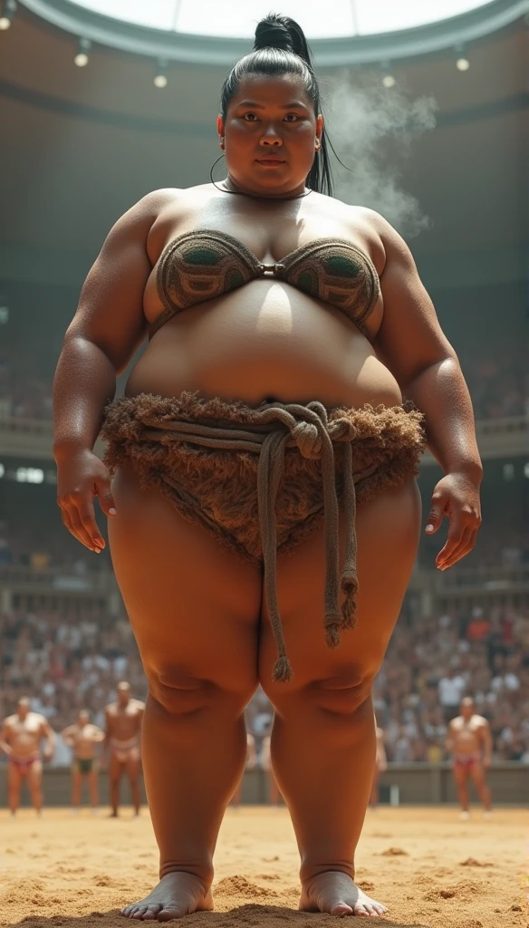 (sweat steam:1.4),Huge body,Height 2m50cm Weight 250kg,Realistic busty 25yo Hawaiian beautiful woman,(sexy sumo wrestling:1.2),ultimate form,8k,at sumo ring,fundoshi,bra,in Ryogoku Kokugikan