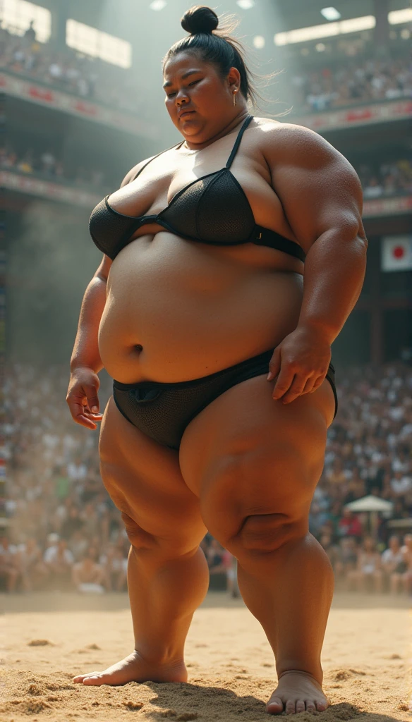 (sweat steam:1.4),Huge body,Height 2m50cm Weight 250kg,Realistic  25yo　Hawaiian  beautiful woman,(sexy o wrestling:1.2),ultimate form,8k,at sumo ring,fundoshi,bra,in Ryogoku Kokugikan