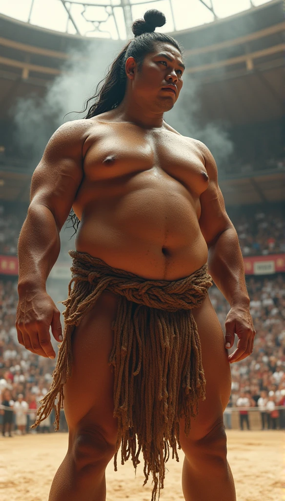 (sweat steam:1.4),Huge body,Height 2m50cm Weight 250kg,Realistic busty 25yo　Hawaiian  beautiful woman,(sexy sumo wrestling:1.2),ultimate form,8k,at sumo ring,fundoshi,bra,in Ryogoku Kokugikan