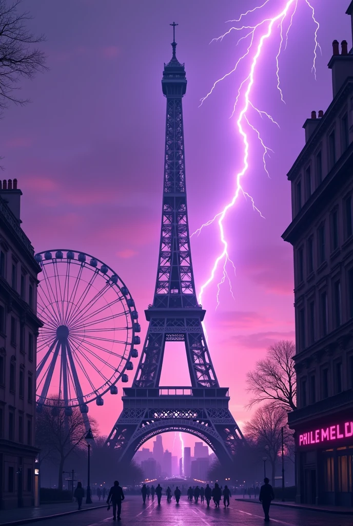 Effiel Tower in the center, without buildings or people. Ad on the right side that says "Fashion Models". In the background a Ferris wheel and a lightning bolt in the sky. purple tones