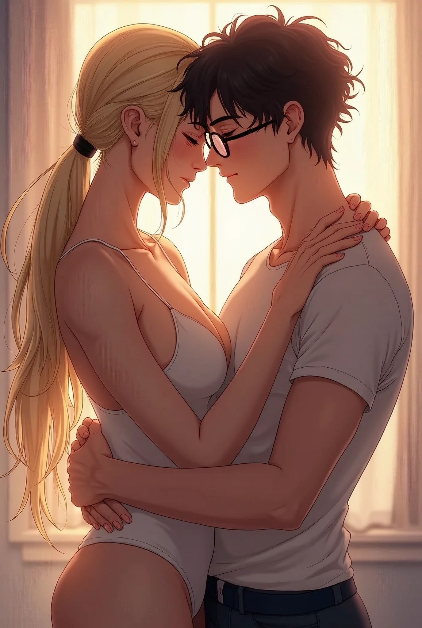 Yaoi styled image of white male with long blonde hair kept in a ponytail, passionately a male with brown skin, glasses and black curly hair