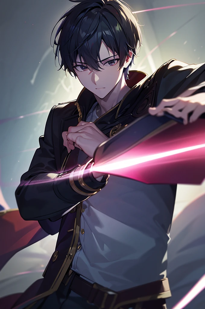 Young man with a young face、male、Short hair brushed up, k minus 1, (masterpiece:1.2, Highest quality),(Colored Background) (Beautiful attention to detail: 1.2), (Highly detailed CG Unity 8K wallpapers, masterpiece, Highest quality, Very detailed, Best Shadow), (Detailed Background) ,arms(Holding a glowing sword),alone ,Black Hair,Eyes with no red light,One person,