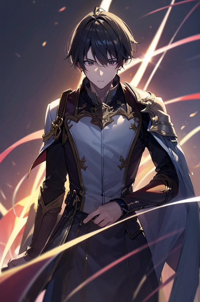 Young man with a young face、male、Short hair brushed up, k minus 1, (masterpiece:1.2, Highest quality),(Colored Background) (Beautiful attention to detail: 1.2), (Highly detailed CG Unity 8K wallpapers, masterpiece, Highest quality, Very detailed, Best Shadow), (Detailed Background) ,arms(Holding a glowing sword),alone ,Black Hair,Eyes with no red light,One person,