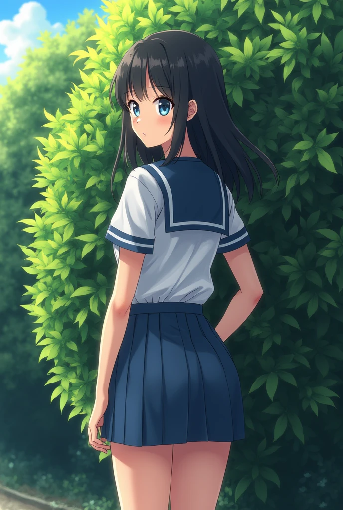 Beautiful 14 year old girl, japanese, schoolgirl clothes, huge ass, visible ass, hidden behind a bush, huge ass, huge butt, Shoulder length hair, hidden behind a bush, at school, forced, anime style, teen