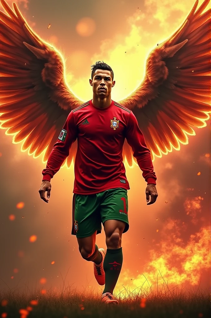 Ronaldo in Portugal jersey with wings and fire