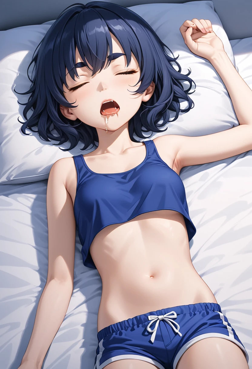 (best quality, masterpiece, ultra highres, ultra-detailed),girl sleeping until noon,Tank top,Polyester shorts,closed eyes,open mouth,Drooling,She is lying in bed, BREAK
(girl,tween,detailed face,(darkblue wavy-short hair),middle thick eyebrows,middle small breasts),