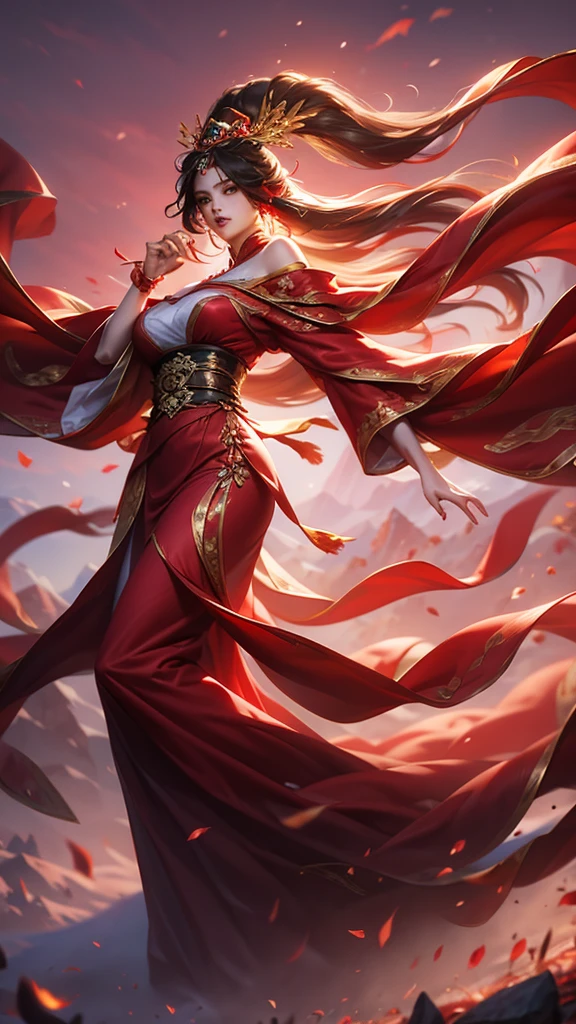 best quality,masterpiece,Ultra-high resolution,(photoactual:4:0),Crimson sky,Mountain rock,A Chinese female ghost,long flowing hair,Big breasts,Wearing a red, stunning, off-the-shoulder gown,Walking with elegance,Long, pointed fingers,Red mist billowing