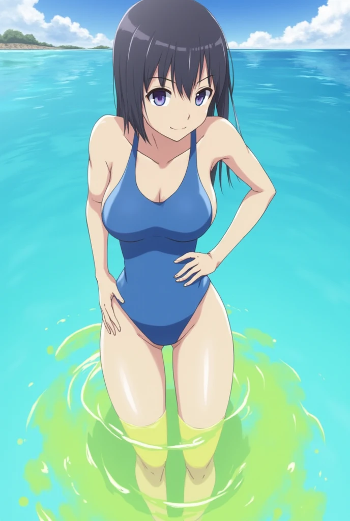 Anime, girl, girl in a blue swimsuit, half in the water, pissing herself, pissing with yellow urine, yellow urine flows from the swimsuit, yellow urine dissolves in the pool, yellow urine under water, there is a spot of yellow urine in the pool, a girl under water, a cloud of yellow urine under the water