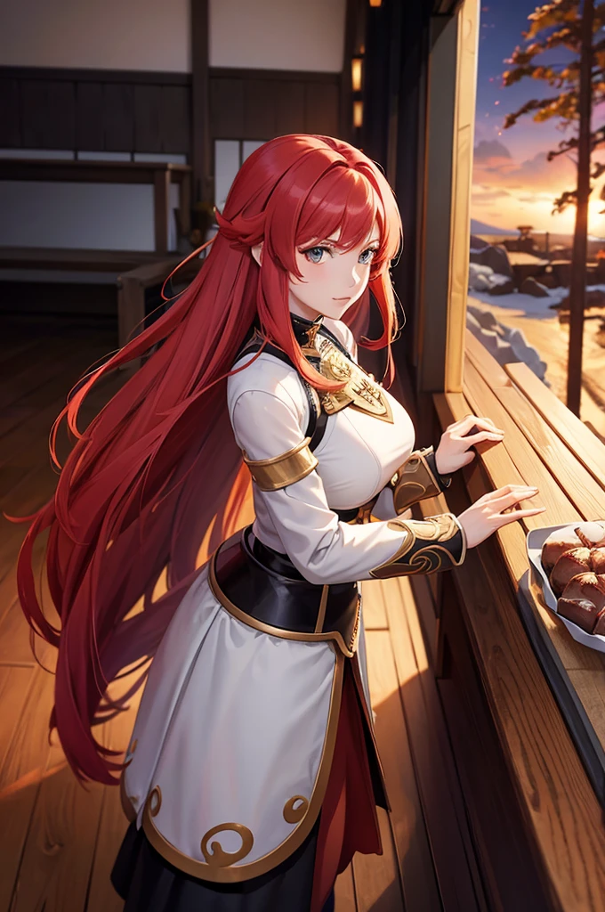 woman with red hair and armor, ayaka genshin impact, ayaka game genshin impact, portrait knights of zodiac girl, female protagonist, cushart krenz key art feminine, valentina remenar, genshin impact character, genshin, cyarine, artgerm and atey ghailan, portrait knight female,(cowboy shot),looking at viewer
