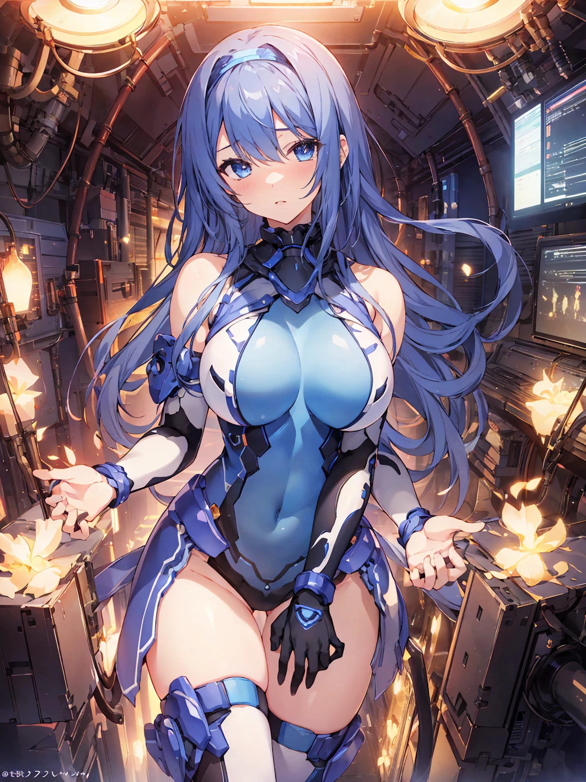 masterpiece, Highest quality, Anime Style,Official Art Beautiful Lighting, 1 Girl, bangs, Inside a futuristic base, whole body, Blue and white outfit, masterpiece,Noise Reduction,perfect anatomy,high resolution, ultra-detailed,game cg,dutch angle ,beautiful detailed eyes,visualart,five fingers, perfect hands, perfect lighting,arge breasts