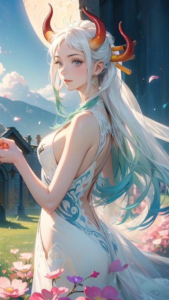 Official Art, Unity,8k wallpaper, Correct Anatomy，Very detailedな, Beautiful yet fleeting、((Two horns growing from the head))Japan、beautiful, masterpiece,((One Woman)) Highest quality,White flower, ((Large Breasts))Flower Ecstasy, Very detailed, Light blue hair、((Randomly々Angle))Dynamic Angle, ((Yamato), ((beautifulウェディングドレス))The most beautiful form of chaos, ((Slim body)).elegant, Vibrant colors,((wedding)) Romanticism, James Jean, Robbie Dawi Anton, Ross Tran, Francis Bacon, It was very cold, Petra Cortright, Gerhard Richter, takato yamamoto, Ashley Wood, Atmospheric,((smile),((Church yard))