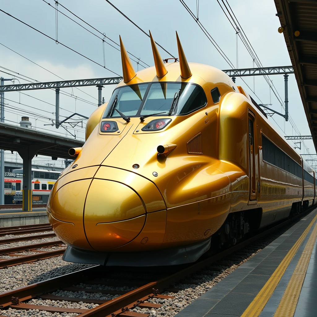 A Shinkansen (bullet train) with a completely gold body and numerous horn-like protrusions. Change the horns to have a more Gundam-like feel.