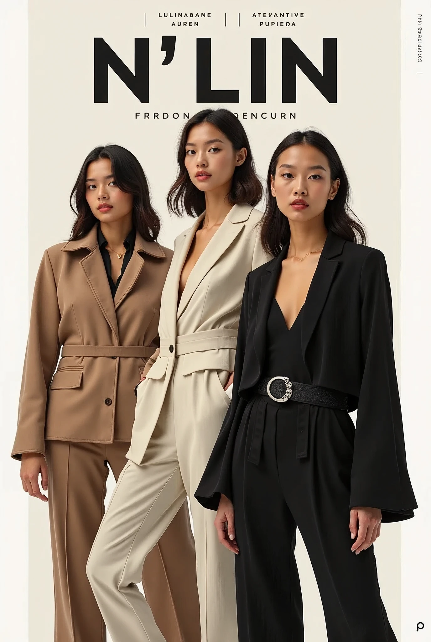 Create a fashion poster for the brand N'Lin, showcasing its chic and trendy style. The poster should appeal to young women aged 25-30, highlighting the brand's focus on fashionable and contemporary designs. Use a sleek and modern aesthetic with high-quality visuals that exude sophistication and style. Incorporate elements like bold typography, elegant models, and a clean layout that reflects the brand's identity as a leader in high-end fashion for young, stylish women. The overall design should convey a sense of exclusivity, confidence, and cutting-edge fashion.
