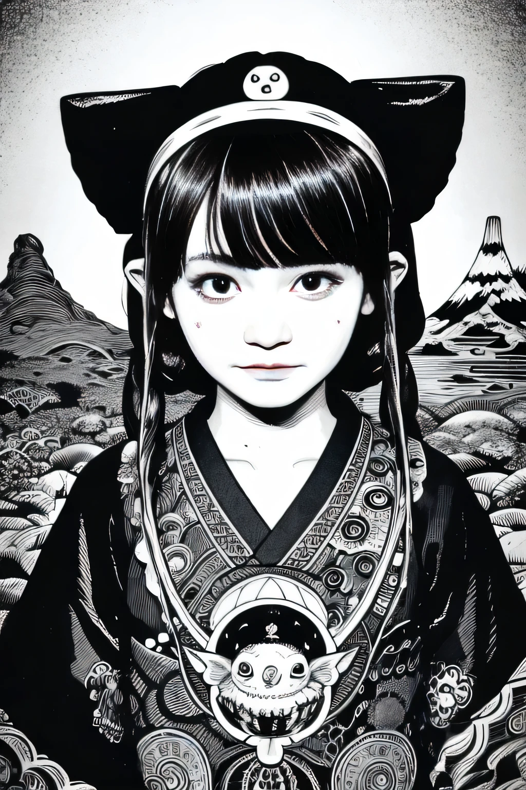 (1 girl:1.2), solo, himecut,traditional japanese clothes, red eyes,cartoon style, joe fenton, a black and white photo of deadpan, camping, unbecoming, gnawling, envy, Ghast (Lovecraftian),calm, soft smile, Wayne Barlowe,, in gochuumon wa usagi desu ka? style, nostalgic