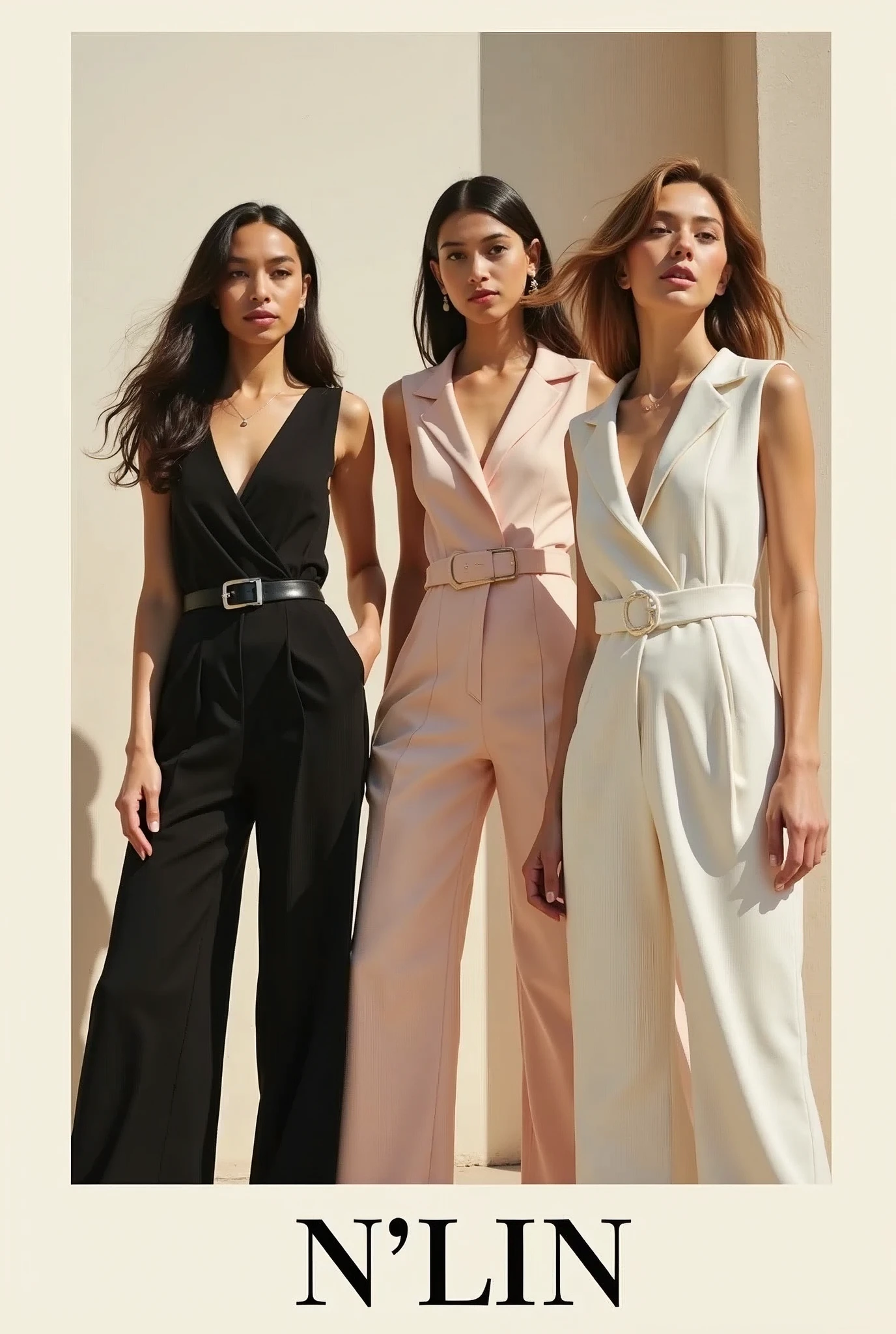 Create a fashion poster for the brand N'Lin, showcasing its chic and trendy style. The poster should appeal to young women aged 25-30, highlighting the brand's focus on fashionable and contemporary designs. Use a sleek and modern aesthetic with high-quality visuals that exude sophistication and style. Incorporate elements like bold typography, elegant models, and a clean layout that reflects the brand's identity as a leader in high-end fashion for young, stylish women. The overall design should convey a sense of exclusivity, confidence, and cutting-edge fashion.