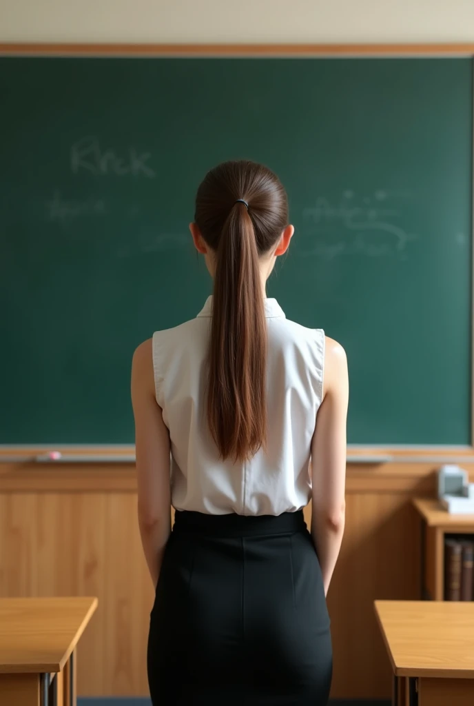 masterpiece,Highest quality,(Ultra high definition,8K Photo Wallpaper),(Highest quality),Physical Rendering,A female teacher standing in front of a blackboard in a high school classroom,Sleeveless shirt and black pencil skirt,Backwards,