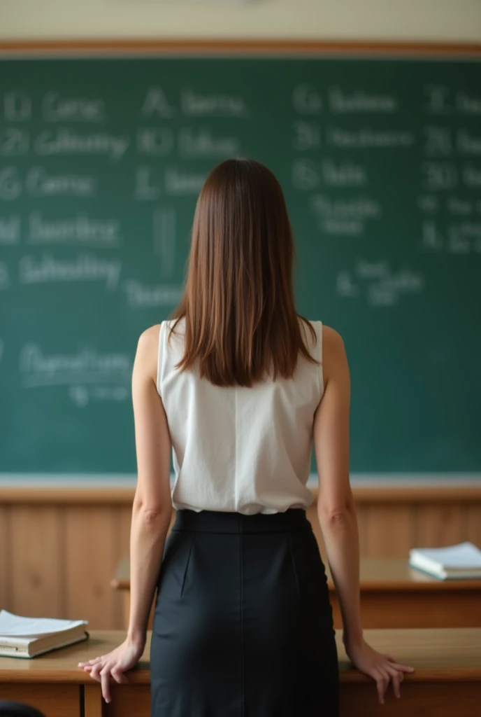 masterpiece,Highest quality,(Ultra high definition,8K Photo Wallpaper),(Highest quality),Physical Rendering,A female teacher standing in front of a blackboard in a high school classroom,Sleeveless shirt and black pencil skirt,Backwards,
