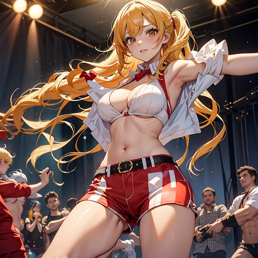 Party girl, red and white revealing checkered clothes, yellow hair, high socks, dancing, exposed belly button, hot pants, beautiful woman,looking at viewer,cowboy shot,from front,beautiful breasts