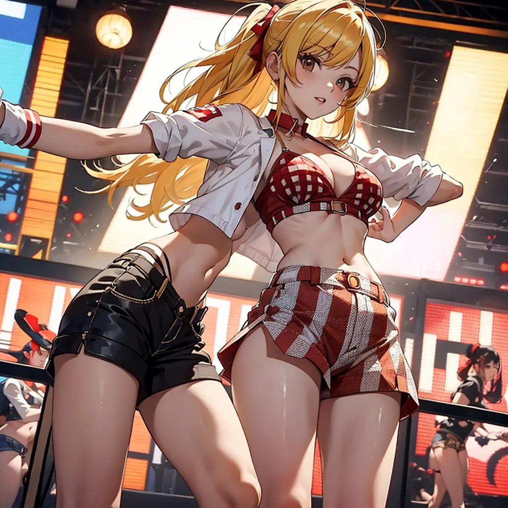 Party girl, red and white revealing checkered clothes, yellow hair, high socks, dancing, exposed belly button, hot pants, beautiful woman,looking at viewer,cowboy shot,from front,beautiful breasts