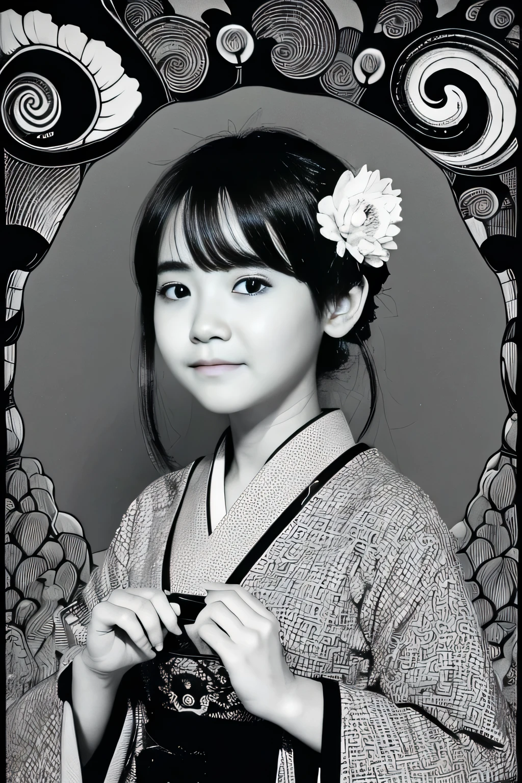(1 girl:1.2), solo, himecut,traditional japanese clothes, red eyes,cartoon style, joe fenton, a black and white photo of deadpan, camping, unbecoming, gnawling, envy, Ghast (Lovecraftian),calm, soft smile, Wayne Barlowe,, in gochuumon wa usagi desu ka? style, nostalgic