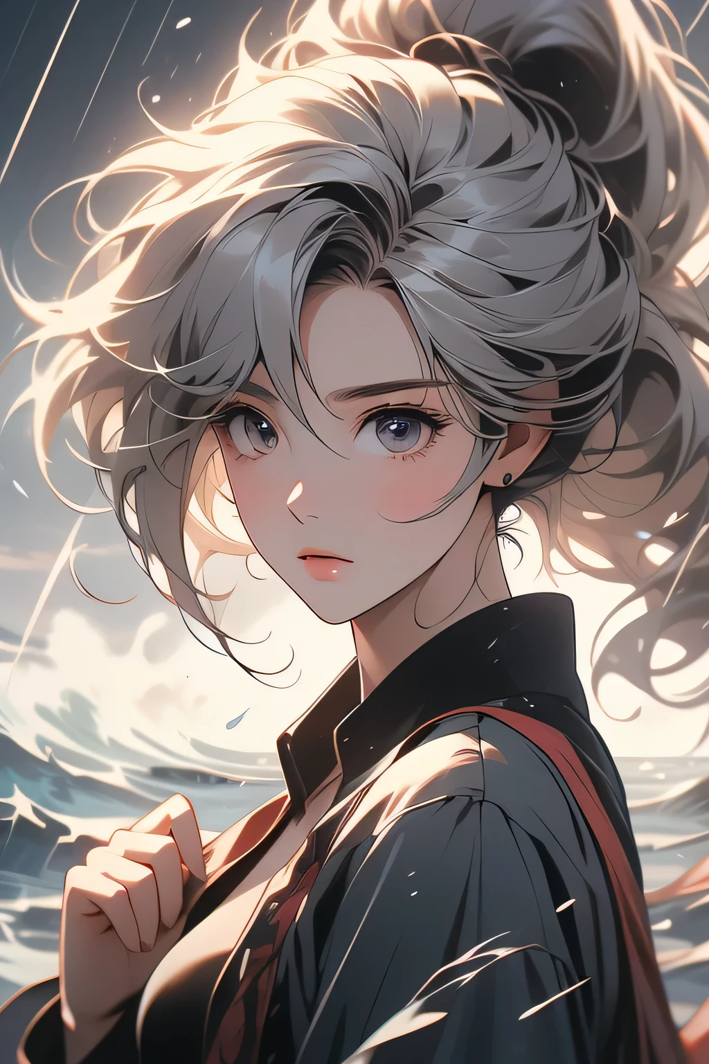 Highest quality、High resolution、Detailed Background、(Beautiful face in every detail:1.4)、Teenage beauty、Anatomically correct、(Normal number of fingers:1.2)、Detailed eyes、Highly detailed face、Perfect body line、Light color hair、Bobcut、ponytail、cute hairstyle、well-groomed eyebrows、Cute gestures、Natural beauty、typhoon、heavy rain、Very strong winds、
(Typhoon day、storm.:1.5)、
Black clouds cover the darkening sky、A strong wind is blowing、wood々The branches are shaking violently、
A girl desperately trying to move forward、Wearing a light jacket and holding her hair down, she is walking with all her might.、She occasionally looks back with a worried expression.、
The girl's legs are about to get tangled up as the strong wind blows them.、The road is littered with fallen signs and leaves, creating a dangerous situation.、
The girl seems to be desperately walking through it, searching for something.、A girl desperately tries to move forward in the dark and raging nature.、The girl's efforts and the raging typhoon、cute