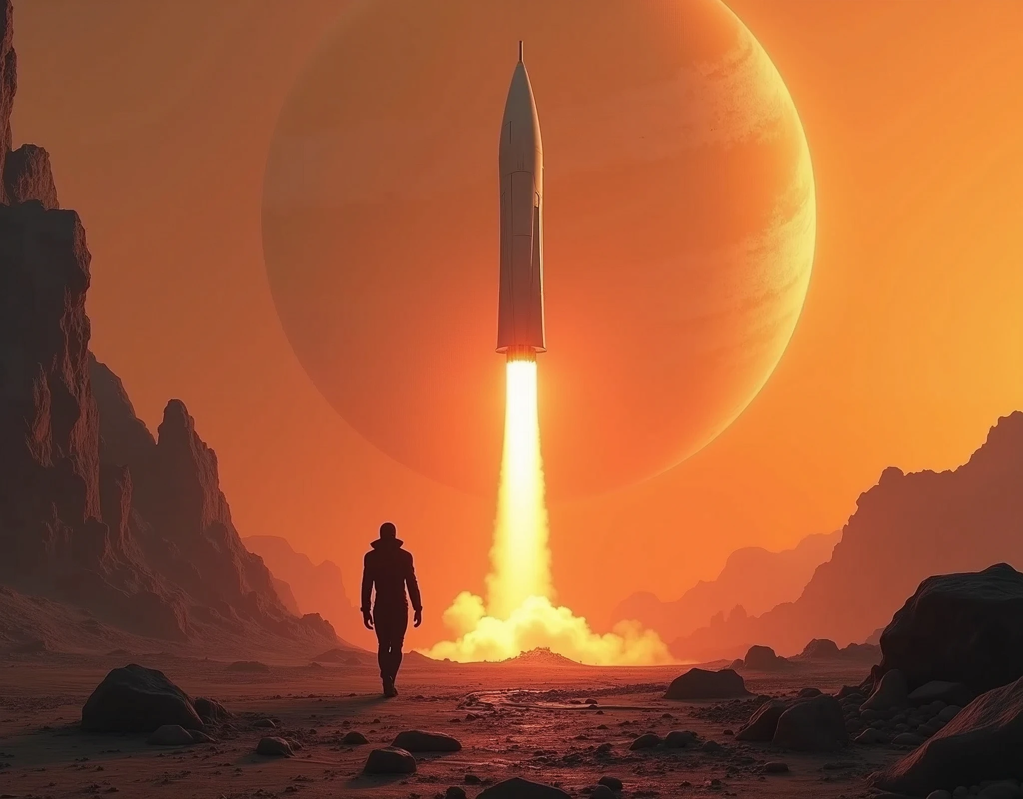 The image depicts a futuristic scene with a humanoid figure walking towards a large, vertically-oriented rocket that is launching into the sky. The setting appears to be a barren landscape with rocky formations and a large planet visible in the background. The color palette is dominated by warm tones, suggesting either a sunrise or sunset atmosphere. The rocket emits a bright light as it ascends, which contrasts with the dimly lit surroundings. The overall impression is one of exploration and adventure in a distant, possibly alien world.