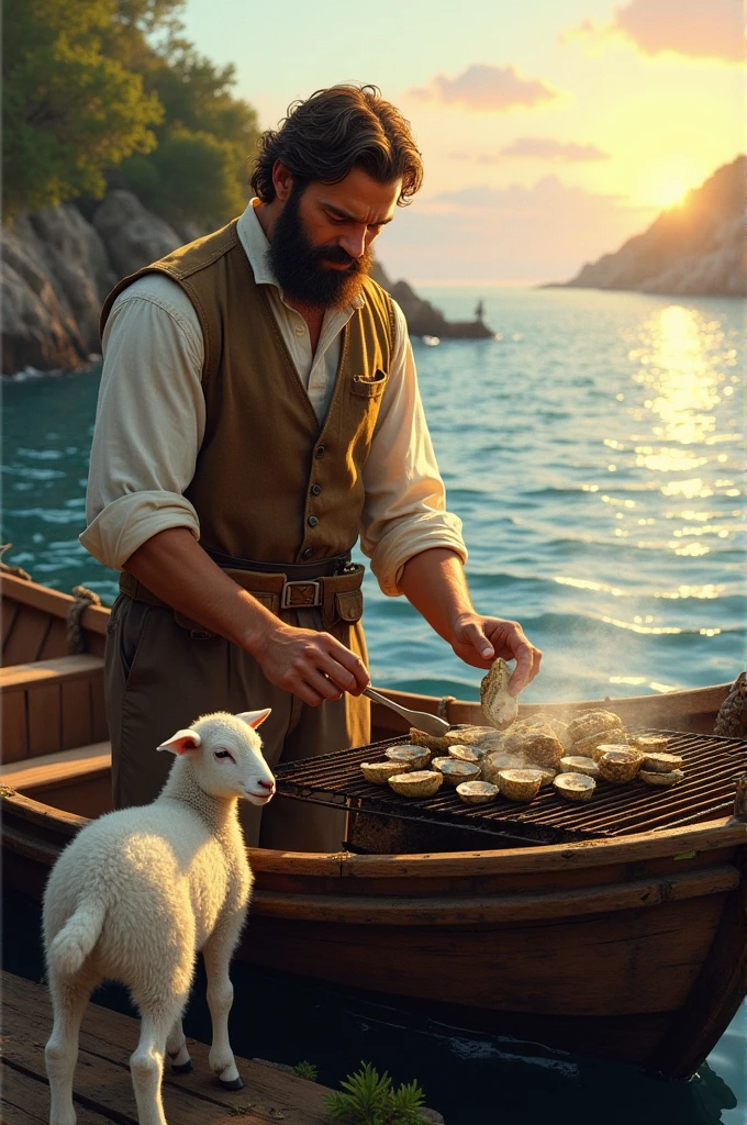 The father of the lamb is grilling oysters on the boat.