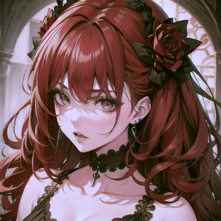 Gothic Fashion、20-year-old woman、8k、high resolution、Detailed clothing、3D Anime Style、Red curly hair、Big dark eyes、High resolution, Very long hair, masterpiece, Earrings, Open your mouth a little, Character portrait,