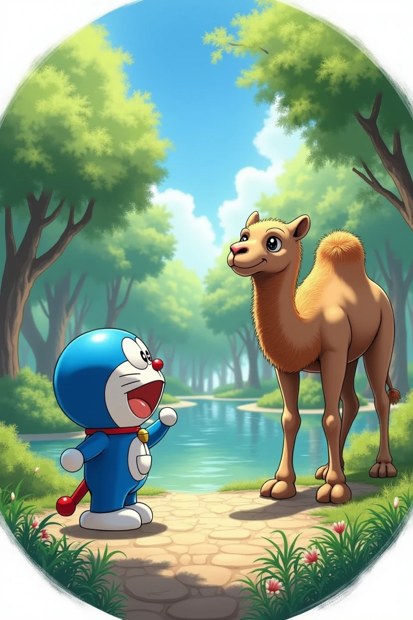 doraemon looking at camel in park round image