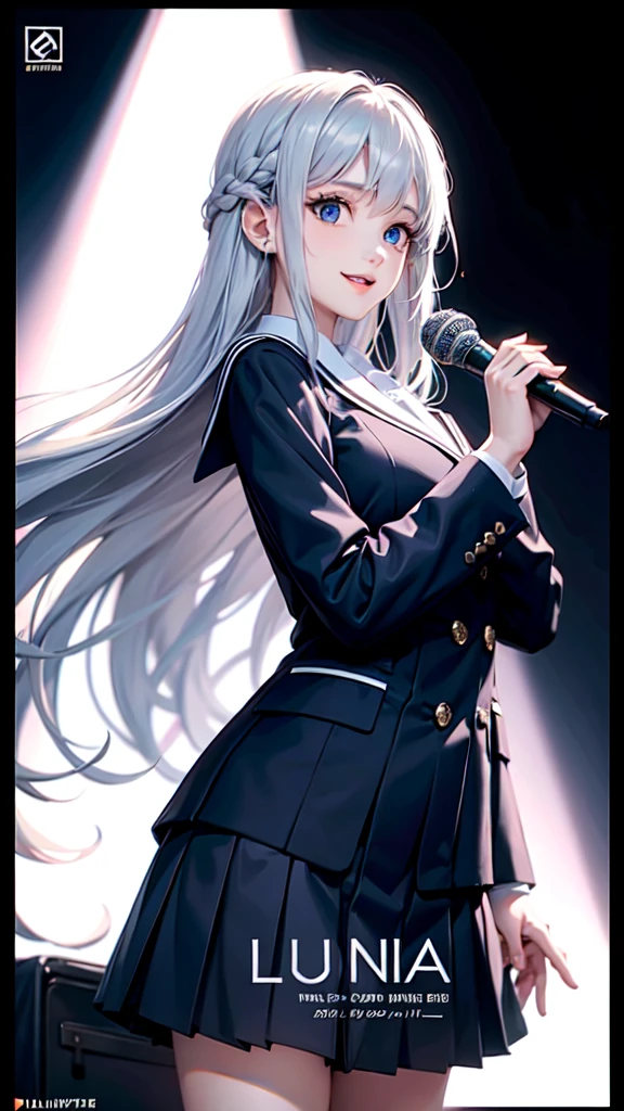 Long silver hair high school girl,Blue eyes, smile,Live Announcement Poster,Poster with logo"Lumina Live",Pause,Sailor suit,blazer,microphone,Spotlight,Bust Shot
