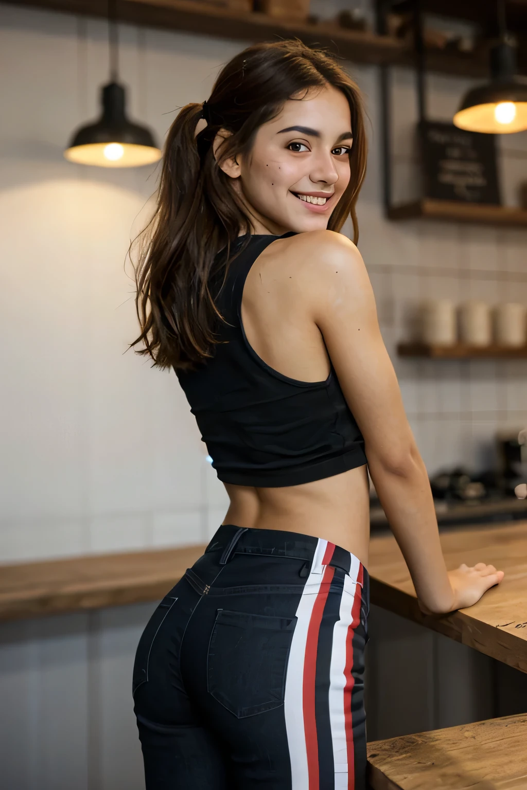 masterpiece, Best Quality, 8k, 13 years, latina, beautiful, Whole body, thin girl, brunette girl, brown skin, Freckles in the face, slender body, small tits, absurd, Award-winning portrait, smile, smile, Pure, colombian girl, mexican girl, smile feliz, Brown hair, hair tied, 12 year old girl, with red top with stripes, sleeveless, fitted jeans, with white tennis shoes, Whole body, is in a cafe at night, freckles on the face, , adolescent, skinny girl, Rear view, shows her ass while looking at the camera, Whole body, small ass, skinny ass, small ass, skinny ass, black leather pants,