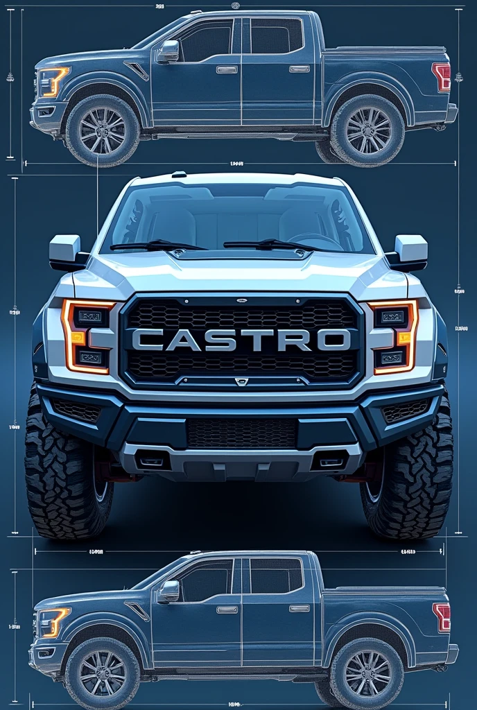 Create a new pickup truck model with the CASTRO brand on the large front, a imagem deve ser em forma de blueprint