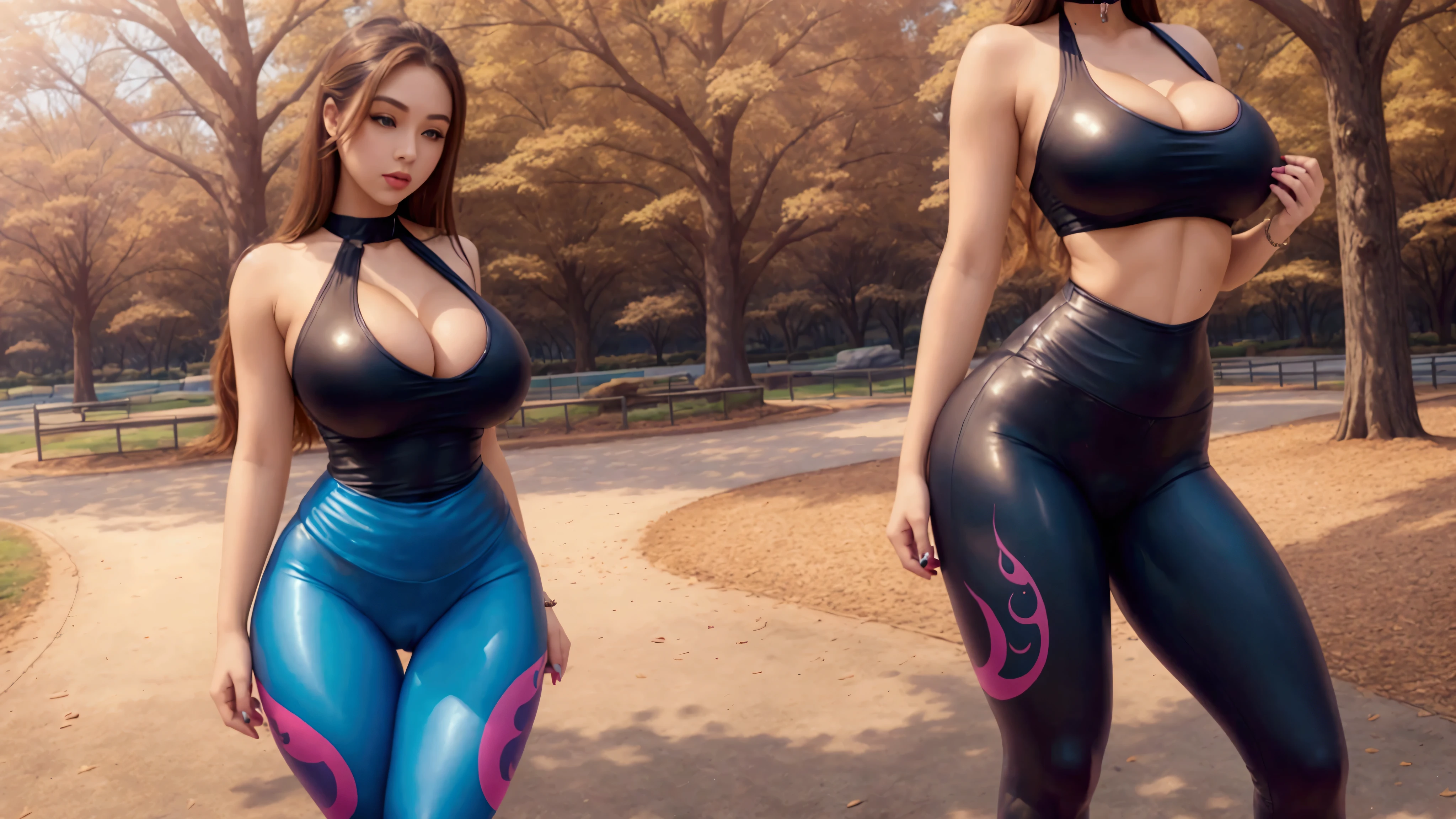 legging, cleavage with the vagina on display, vaginal lips are noticeable, sports well, face detailed, colorful clothes, park, sky, Trees