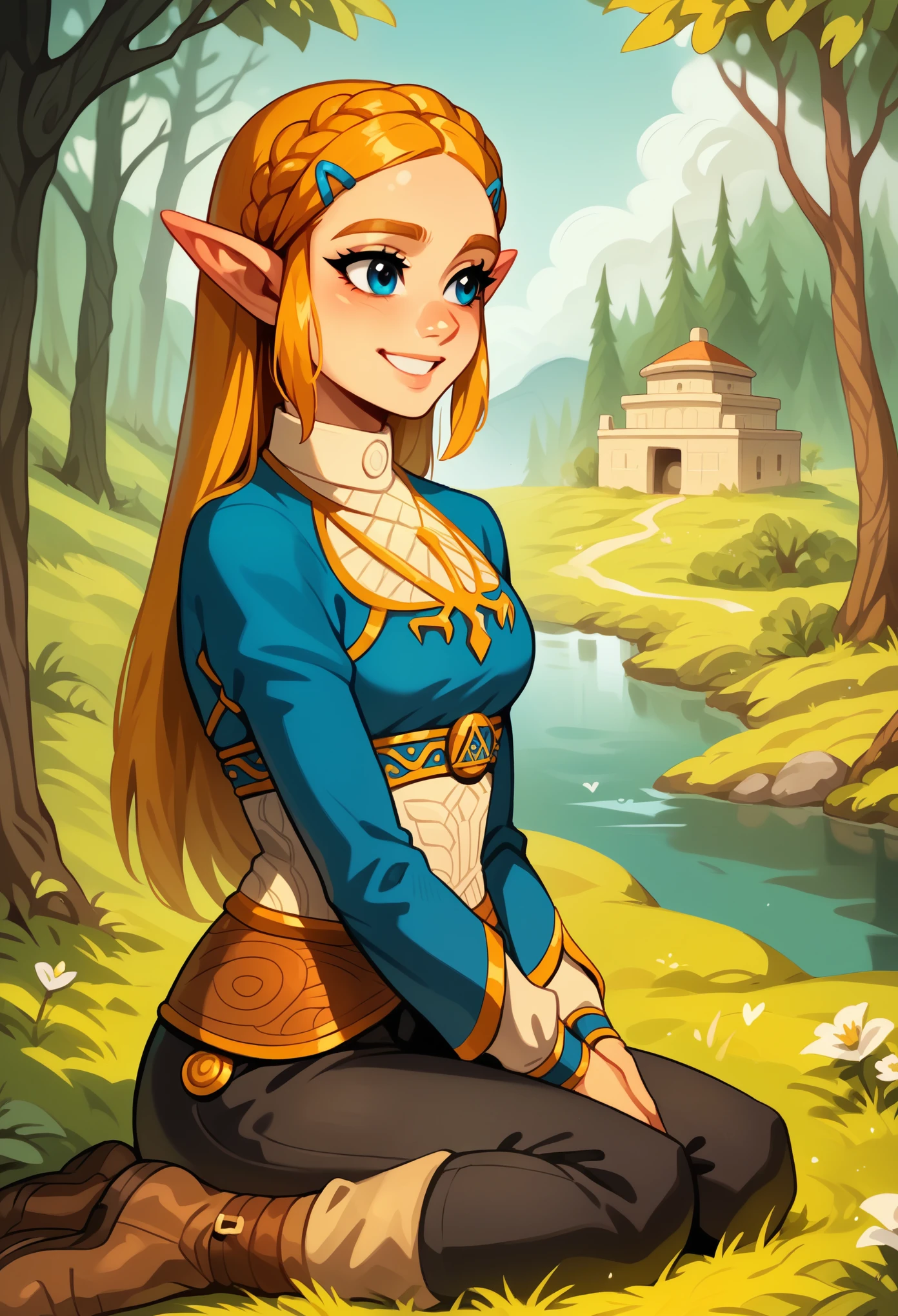 score_9, score_8_up, score_7_up, score_6_up, score_5_up, score_4_up BREAK digital art, cinematic composition, portrait, full body, 1girl, Zelda, Zelda BoTW, solo, sitting on the ground, long blond hair, blue eyes, detailed eyelashes, extremely detailed face, elfic ears, atlhetic body, smile, calm face, vibing, blue blouse, black pants, woods, forest, tulips, Hyrule, sunny, daylight, ancient buildings far away, vivid colors, masterpice, best quality